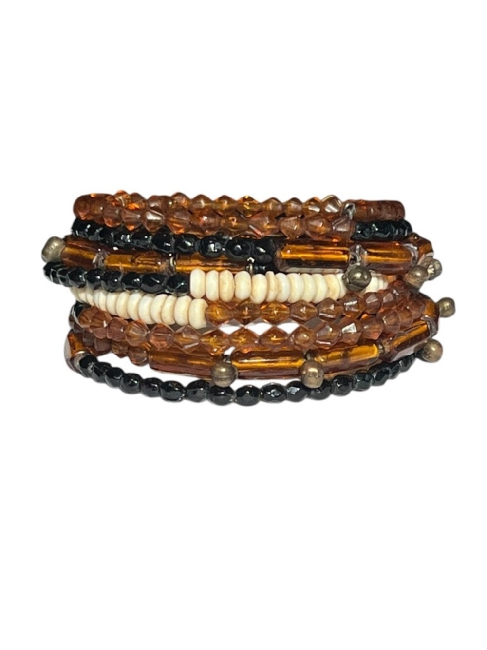 Beaded Memory Wire Multi Strand Bracelet Brown Cream Neutral